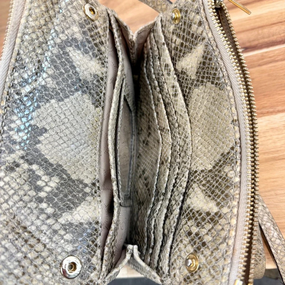 Michael Kors Snakeskin Embossed Leather Crossbody Bag Gold MK Logo Beige Tan